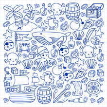 Doodle Pirate Elememts, Vector Illustration.