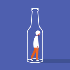 Alcoholism. Young indian male character trapped inside a bottle. Addiction. Booze. Flat editable vector illustration, clip art