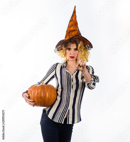Woman In Witch Hat Holds Pumpkin Girl With Orange Pumpkin Holiday And Celebration Happy Halloween Quotes And Sayings Halloween Party Traditional Food Magic Hat Halloween Woman With Happy Face Buy This