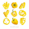 Set of fresh whole and sliced sweet yellow pepper