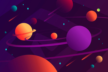 Wall Mural - Solar system. Cartoon vector illustration. Horizontal space background. Planets, stars and comets. Template for background, banner, landing, card.