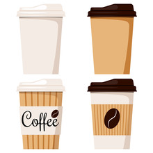 Isolated On White Background Disposable Kraft Brown, White Paper Coffee Cup With Cap Icon Set, Designed Coffee Grain.