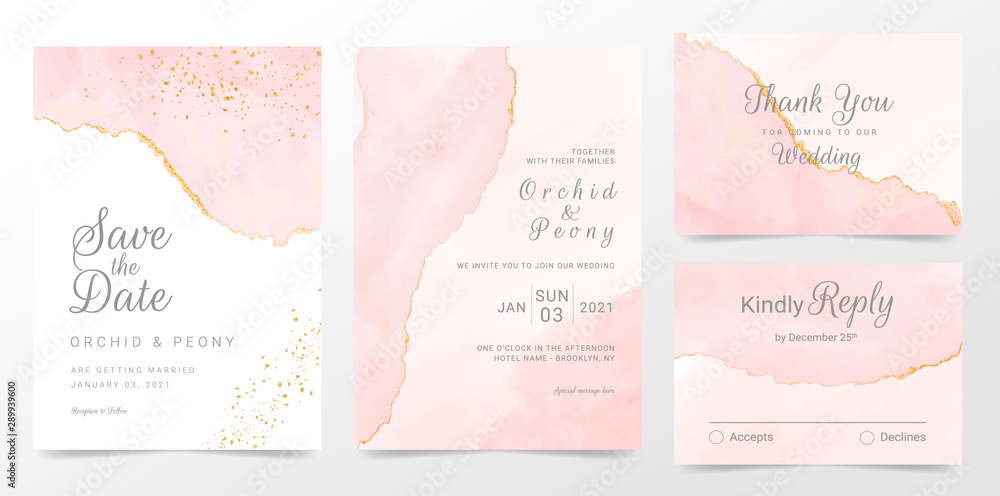Rose gold wedding invitation cards template set. Artistic watercolor background of pink brush stroke splash. Abstract foil design - obrazy, fototapety, plakaty 