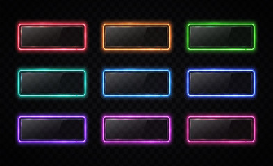 Neon color button set. Glowing line rectangle. Light effect. Glossy glass texture glare banner on transparent background. Web interface infographic internet site report square sign vector illustration