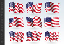 USA Wavy Flags Set. United States Patriotic National Symbol. Set Of American Flag. Icon. Print. Vector Illustration. Isolated On White Background.