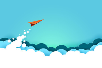 Aufkleber - Red paper airplane flying from clouds on blue sky background.Business start up and success concept paper art style.Vector illustration.