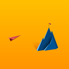 Wall Mural - red paper airplane flying to red flag on the top of mountain.business leadership and success concept