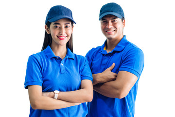 Portrait of smiling deliveryman and woman with crossed arms  in blue uniform isolated on white background