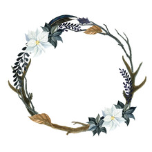 Wreath For Halloween Isolated On A White Background. Watercolor Illustration With Skull And Flowers. Suitable For Cards, Invitations, Holidays, Etc.