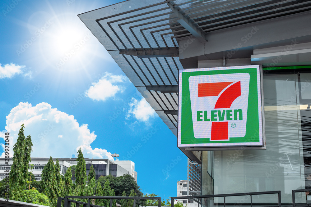 7-11 or seven eleven 24 hours convenience store franchise logo at 
