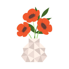 Sticker - Beautiful Poppy Flowers in Caramic Vase, Bouquet of Blooming Flowers for Interior Decoration Vector Illustration