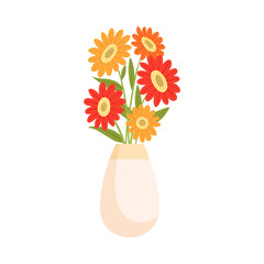 Sticker - Beautiful Gerbera Flowers in Ceramic Vase, Bouquet of Blooming Flowers for Interior Decoration Vector Illustration