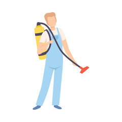 Sticker - Man with Professional Vacuum Cleaner, Cleaning Company Staff Character Dressed in Uniform with Equipment Flat Vector Illustration