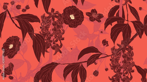Floral seamless pattern, hyacinth and camellia flowers with leaves in light r...