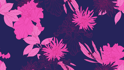 Poster - Floral seamless pattern, daffodil, iris and chrysanthemum morifolium flowers with leaves in pink line art ink drawing on dark purple