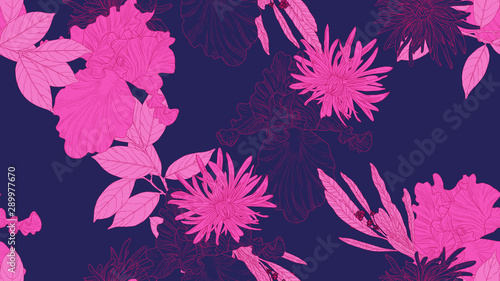 Floral seamless pattern, daffodil, iris and chrysanthemum morifolium flowers ...
