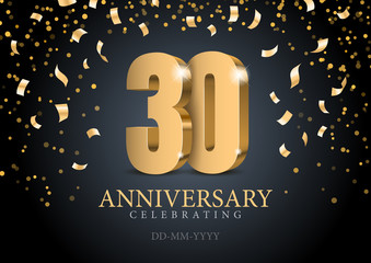 Wall Mural - Anniversary 30. gold 3d numbers. Poster template for Celebrating 30th anniversary event party. Vector illustration