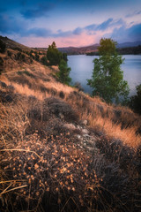 Wall Mural - Tamassos Reservoir (water dam) in Nicosia area, Cyprus on a sunset