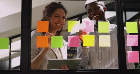 Wall Mural - two smiling friendly team people planning work on sticky notes