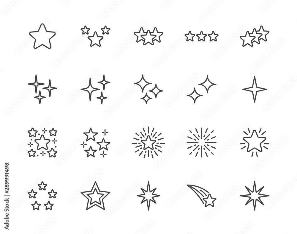Stars flat line icons set. Starry night, falling star, firework, twinkle, glow, glitter burst vector illustrations. Outline signs for glossy material property. Pixel perfect 64x64. Editable Strokes - obrazy, fototapety, plakaty 