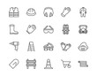 © nadiinko - Safety equipment, required PPE flat line icons set. Protective gloves builder helmet respirator, harness vector illustrations. Outline signs personal protection. Pixel perfect 64x64. Editable Strokes