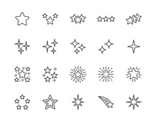 Stars Flat Line Icons Set. Starry Night, Falling Star, Firework, Twinkle, Glow, Glitter Burst Vector Illustrations. Outline Signs For Glossy Material Property. Pixel Perfect 64x64. Editable Strokes