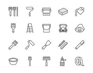 Painter tools flat line icons set Home renovating equipment roller paintbrush ladder masking tape, respirator vector illustrations. Outline signs interior design. Pixel perfect 64x64 Editable Strokes