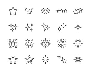 stars flat line icons set. starry night, falling star, firework, twinkle, glow, glitter burst vector