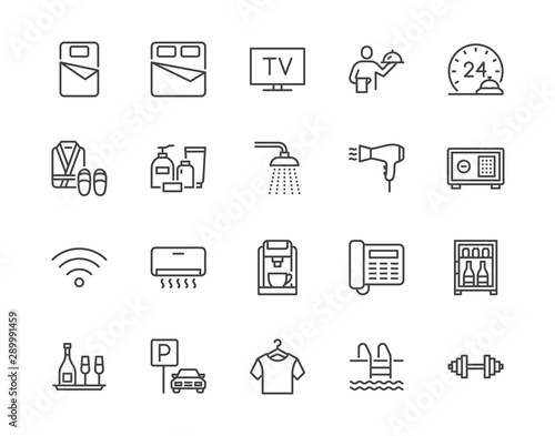 Cuadros en Lienzo Hotel room facilities flat line icons set