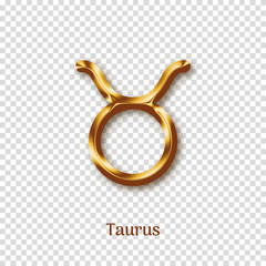 Wall Mural - Taurus golden zodiac sign on transparent background. Luxury star sign for astrology horoscope prediction. Glossy zodiac symbol. Realistic gold design of horoscope constellation vector illustration