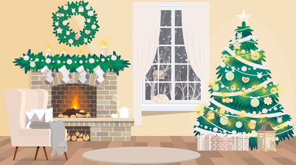 Christmas room interior. Armchair with pillow, decorated Christmas tree, colorful gifts and snow outside the window. 