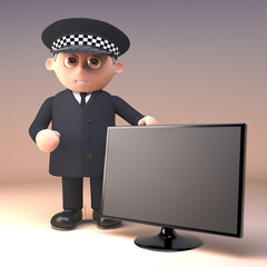 Wall Mural - Funny cartoon 3d police officer character in police uniform stands by a widescreen television monitor, 3d illustration