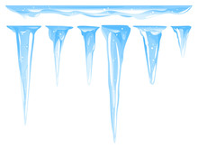 Blue Frozen Icicle Cluster Hanging Down From Snow-covered Ice Surface, Set Of Different Quality Detailed Icicles With Snow Isolated, Carefully Drop The Icicles