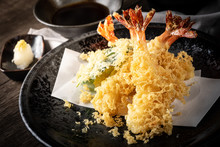 The Tempura Shrimps With Sauce, Deep-fried Shrimps In The Traditional Japanese Restaurant.