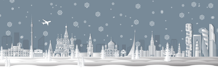 Panorama of winter Moscow vector illustration. Moscow architecture. Cartoon Russia symbols and objects. Panorama postcard and travel poster of world famous landmarks of Moscow in paper cut style.