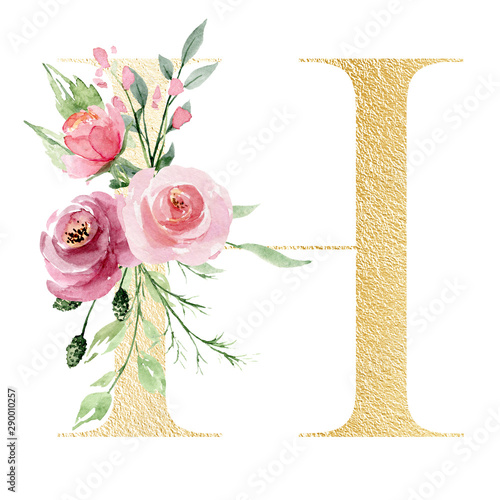 Gold Alphabet Letter H With Watercolor Flowers And Leaf Floral Monogram Initials Perfectly For Wedding Invitations Greeting Card Logo Poster And Other Design Holiday Design Hand Painting Buy This Stock Illustration