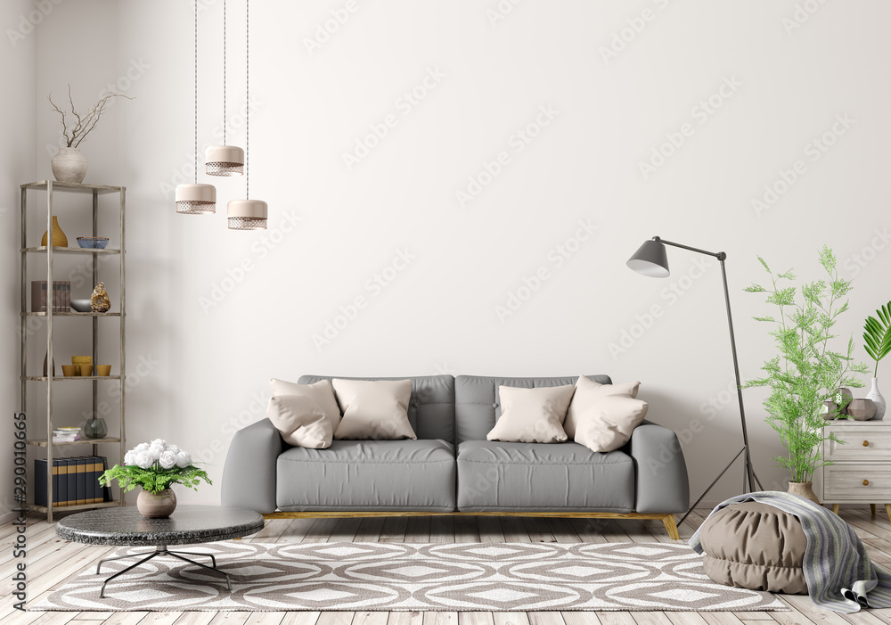 Interior of modern living room with grey sofa 3d rendering Stock ...