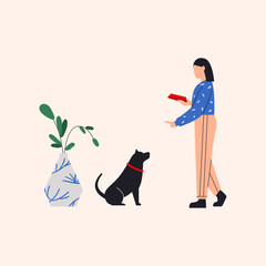 Woman feeding her dog. Woman standing and pointing at dog with dish bowl in her hand. Dog is sitting and waiting for food. Vase with flowers near them. Flat vector illustration