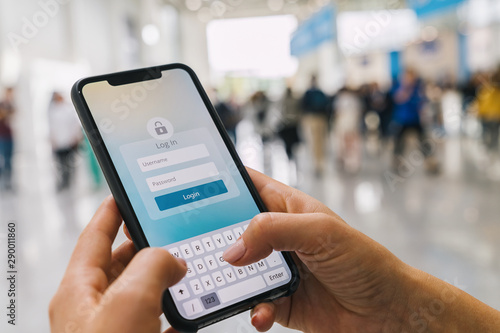 Cuadros en Lienzo Login with smartphone to online bank account or personal information on internet