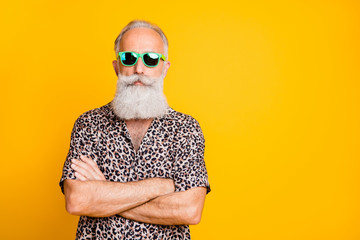 portrait of funny funky old bearded man on rest relax cross hands look forever young wear leopard pr