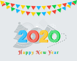 Wall Mural - 2020 happy new year text design with colorful numbers on grey background with party flags garland, c
