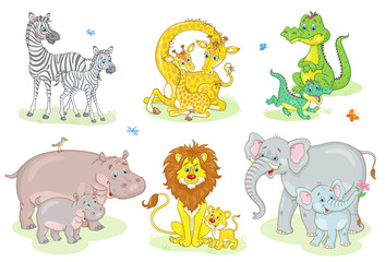 Poster - African funny animals - giraffe, zebra, crocodile, lion, elephant, hippo with their cute children. In cartoon style. Isolated on a white background.