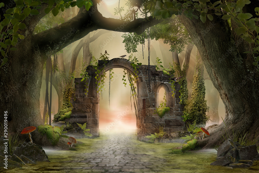 Archway in an enchanted fairy forest landscape, misty dark mood, can be used as background - obrazy, fototapety, plakaty 