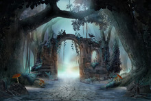 Archway In An Enchanted Fairy Forest Landscape, Misty Dark Mood, Can Be Used As Background