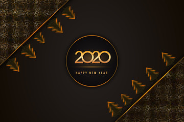 Wall Mural - happy new year 2020 text design with golden numbers and christmas trees on black background textured