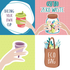 Wall Mural - Motivation posters collection. There Is No Planet B. Bring your own cup. Go to zero waste. Textile fabric bag instead of plastic one. Hand drawn vector illustration. 