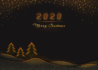 Wall Mural - 2020 merry christmas and happy new year text design with snow flake and christmas trees on black bac