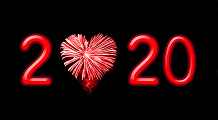 Wall Mural - 2020, red fireworks in the shape of a heart holiday card