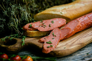 Sticker - Vegan sausage bruschettas on ecological wooden background