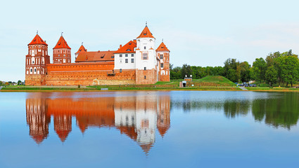 Wall Mural - Mir, Belarus. Mir castle complex, reflection in water. Architectural ensemble, cultural monument. Famous landmark, panoramic view